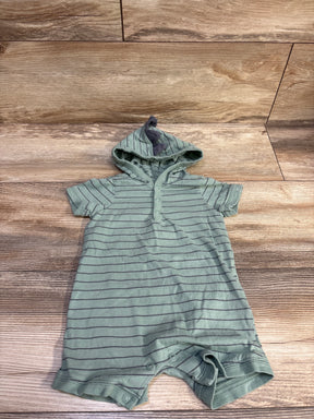 Top view of Carter’s hooded henley shortie romper in green size 9m with horizontal stripes and snap closures on a wood floor