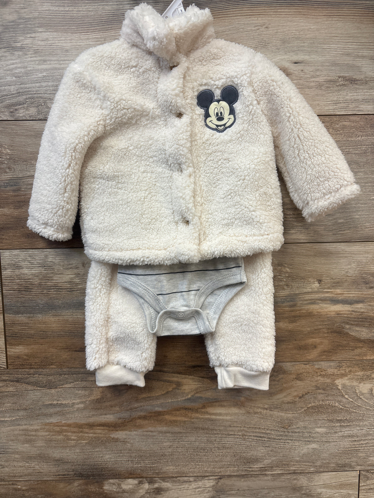 Disney Baby 3pc Mickey Mouse Sherpa Sweatshirt, Bodysuit, & Joggers Cream sz 3/6m