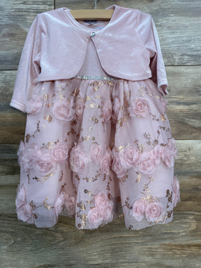 Pink velvet baby dress with floral tulle skirt and rhinestone button on wooden background