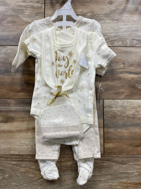 Neutral baby outfit set with 'Joy to the World' bib, golden polka dots and snowflakes
