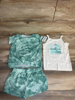 Green tie-dye kids shorts set with matching t-shirt and white tank top on wood floor