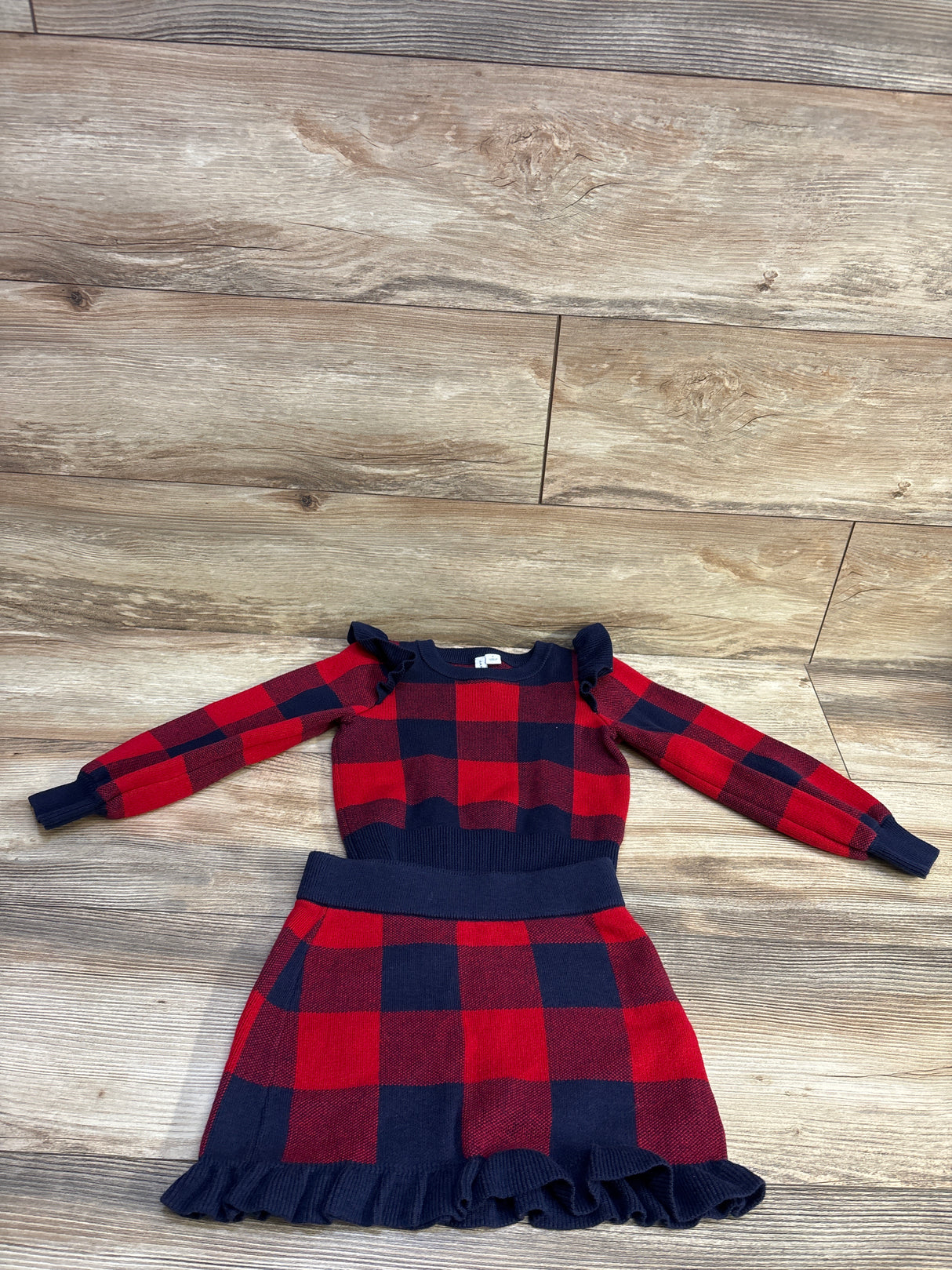 Janie & Jack 2pc Plaid Ruffle Shoulder Sweater & Skirt Set in Fireside Red sz 4T