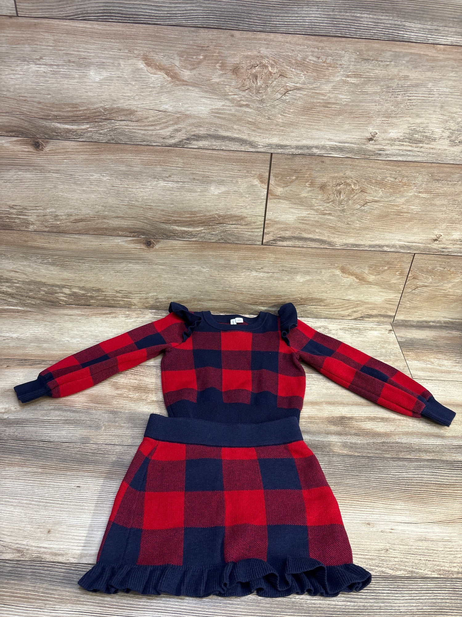 Janie & Jack 2pc Plaid Ruffle Shoulder Sweater & Skirt Set in Fireside Red sz 4T