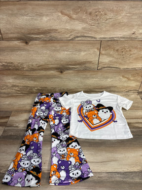 Halloween-themed kids outfit with cute bear print pants and matching white tee