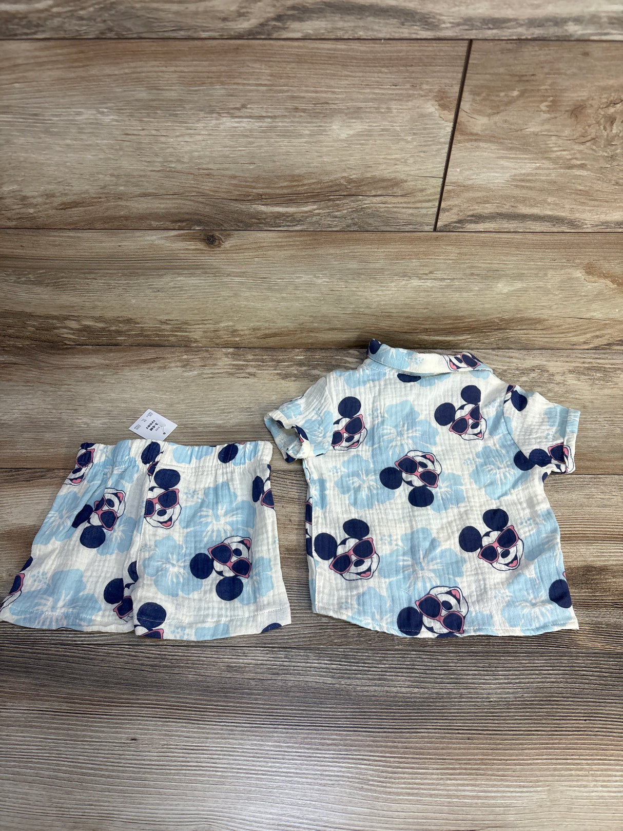 NEW Disney Baby 2pc Mickey Mouse Gauze Button Up & Shorts Set Ivory sz 3-6m