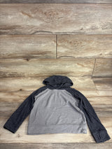 Kids' long sleeve gray and black waffle knit hooded shirt on wood background