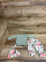 3pc Long Sleeve Bodysuit & Floral Bottoms Set Green sz 0-3m