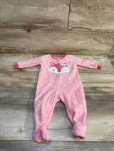 Front view of Absorba pink blanket sleeper in 6 month size with white polka dots, fox applique, front zipper, and covered feet