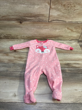 Front view of Absorba pink blanket sleeper in 6 month size with white polka dots, fox applique, front zipper, and covered feet