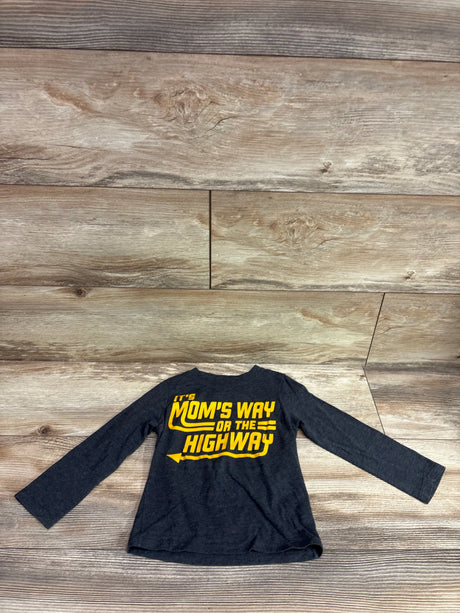 Front view of Children’s Place grey 2T long sleeve shirt with yellow It’s Mom’s Way Or The Highway graphic on wood