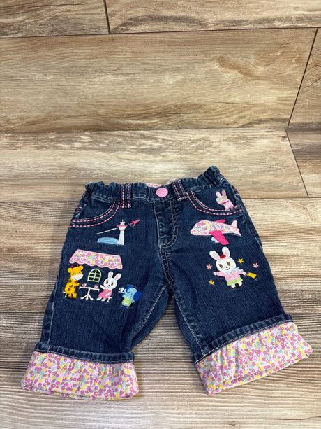 Miki House Usako Bunny blue denim shorts for toddlers with colorful embroidered characters