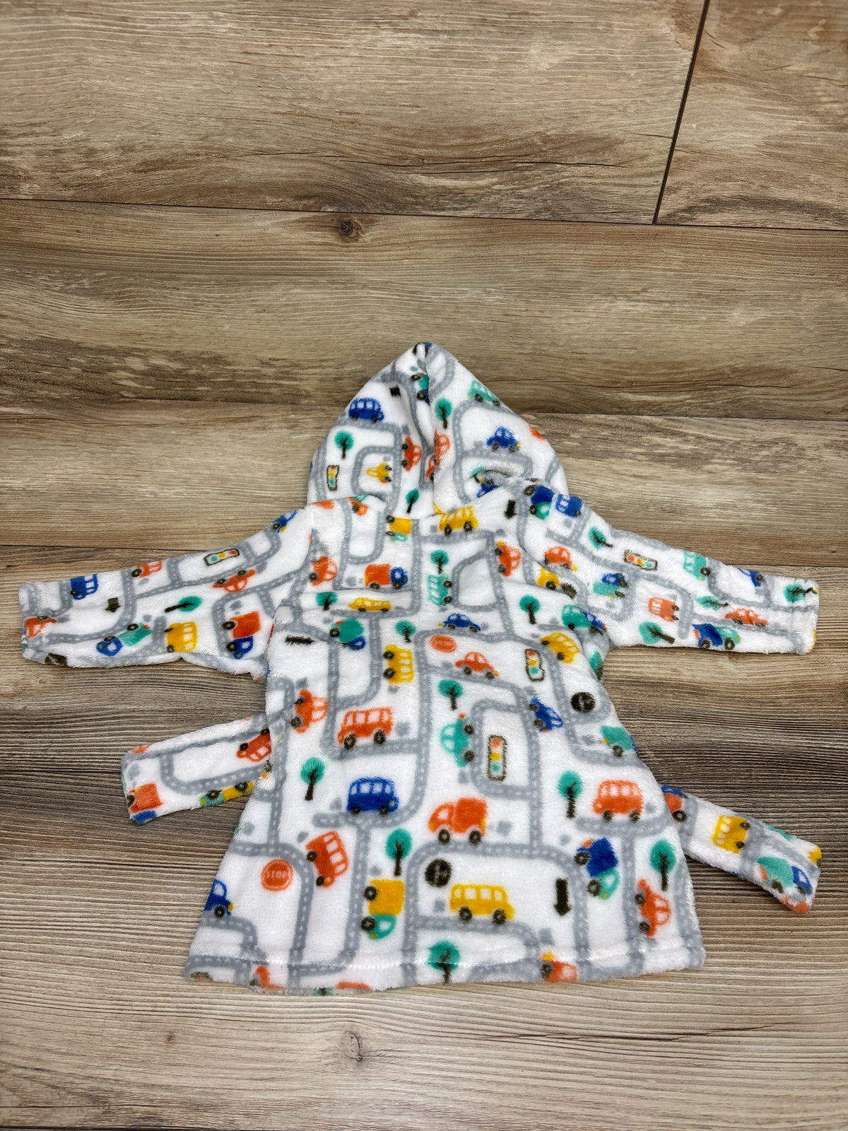 Car Print Plush Hooded Bath Robe White sz 0-9m