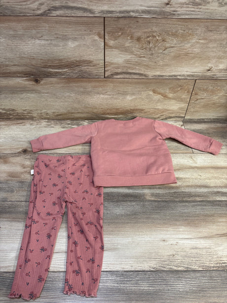 Top-down view of Rabbit and Bear pink organic two-piece sweatshirt and pants set in size 18 months, with floral pants on wood