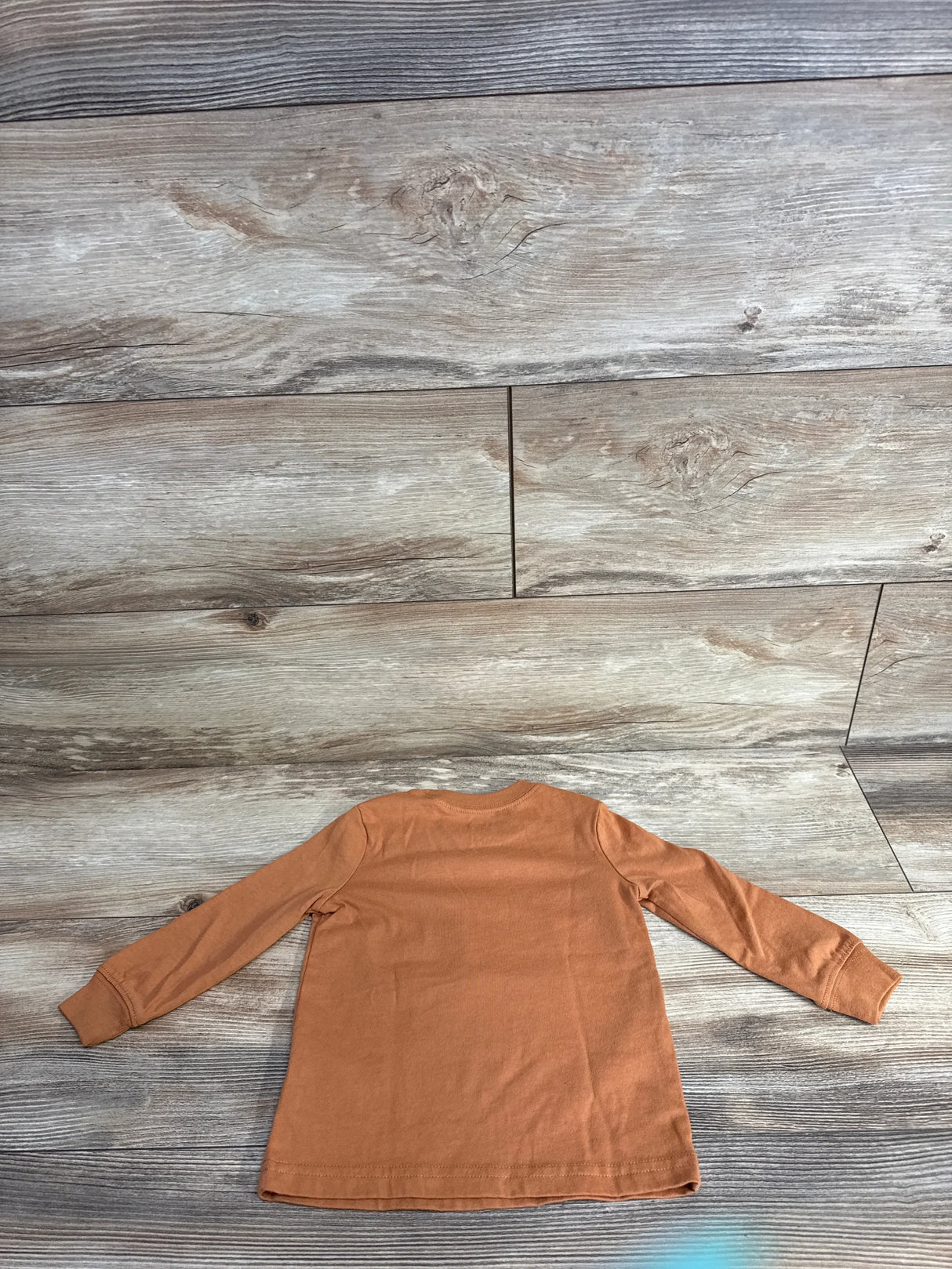 Brown long sleeve toddler shirt laid flat on wood floor background