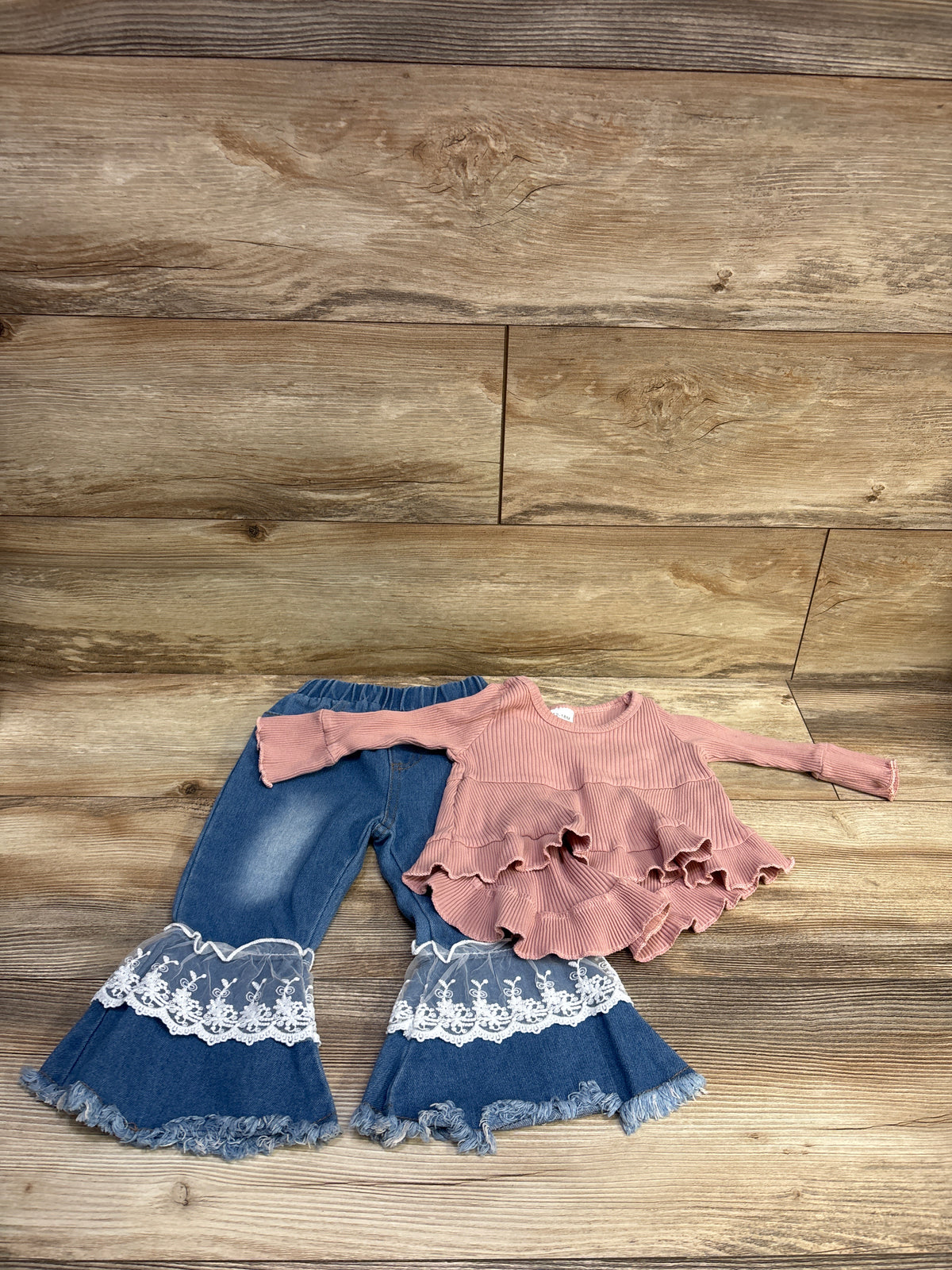 SODLON 2pc Long Sleeve Ribbed Top & Lace-Detail Jeans Pink sz 12-18m