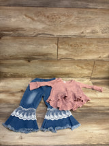 SODLON 2pc Long Sleeve Ribbed Top & Lace-Detail Jeans Pink sz 12-18m