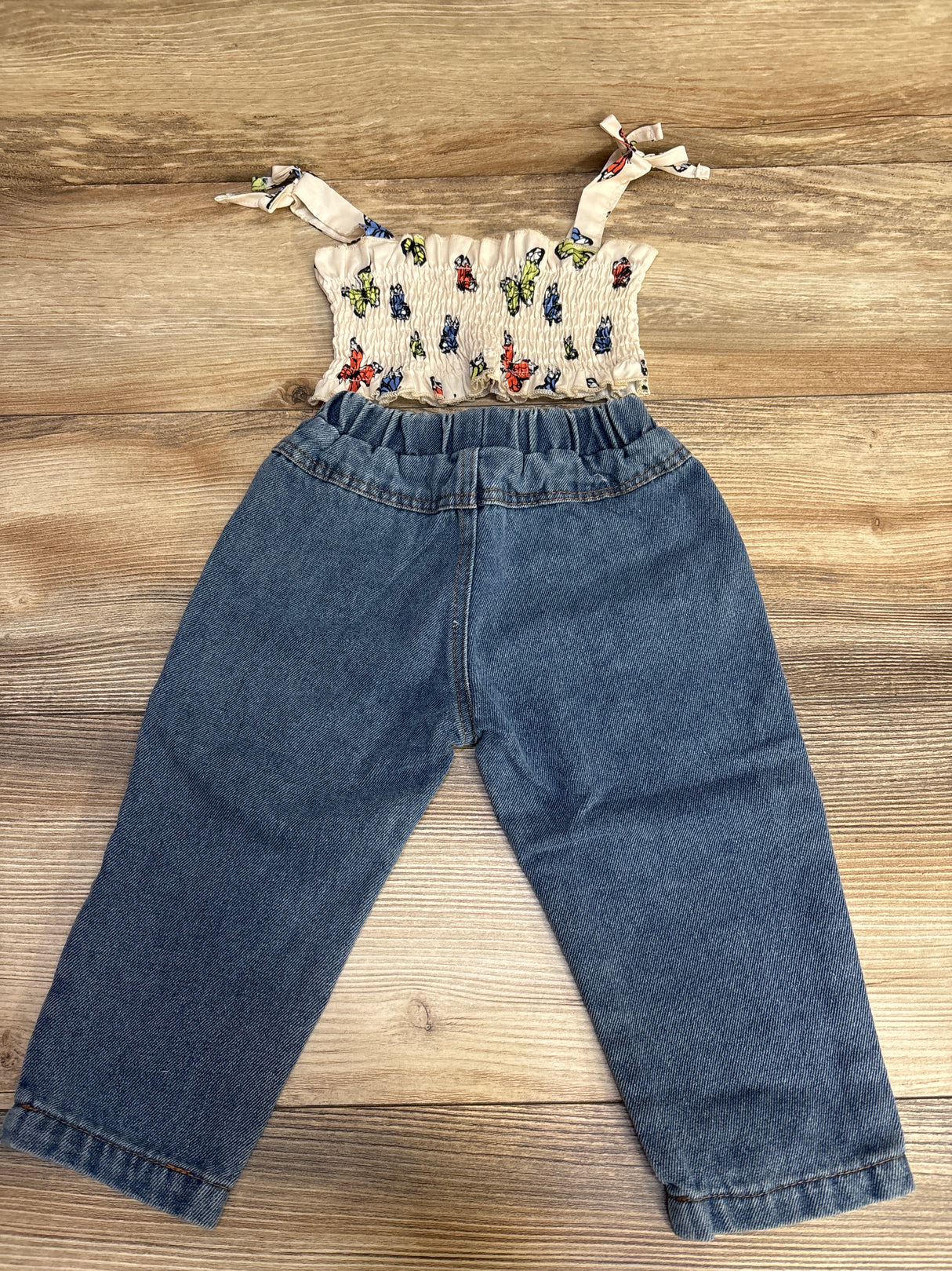 Shein 2pc Butterfly Print Smocked Top & Jeans White sz 9-12m