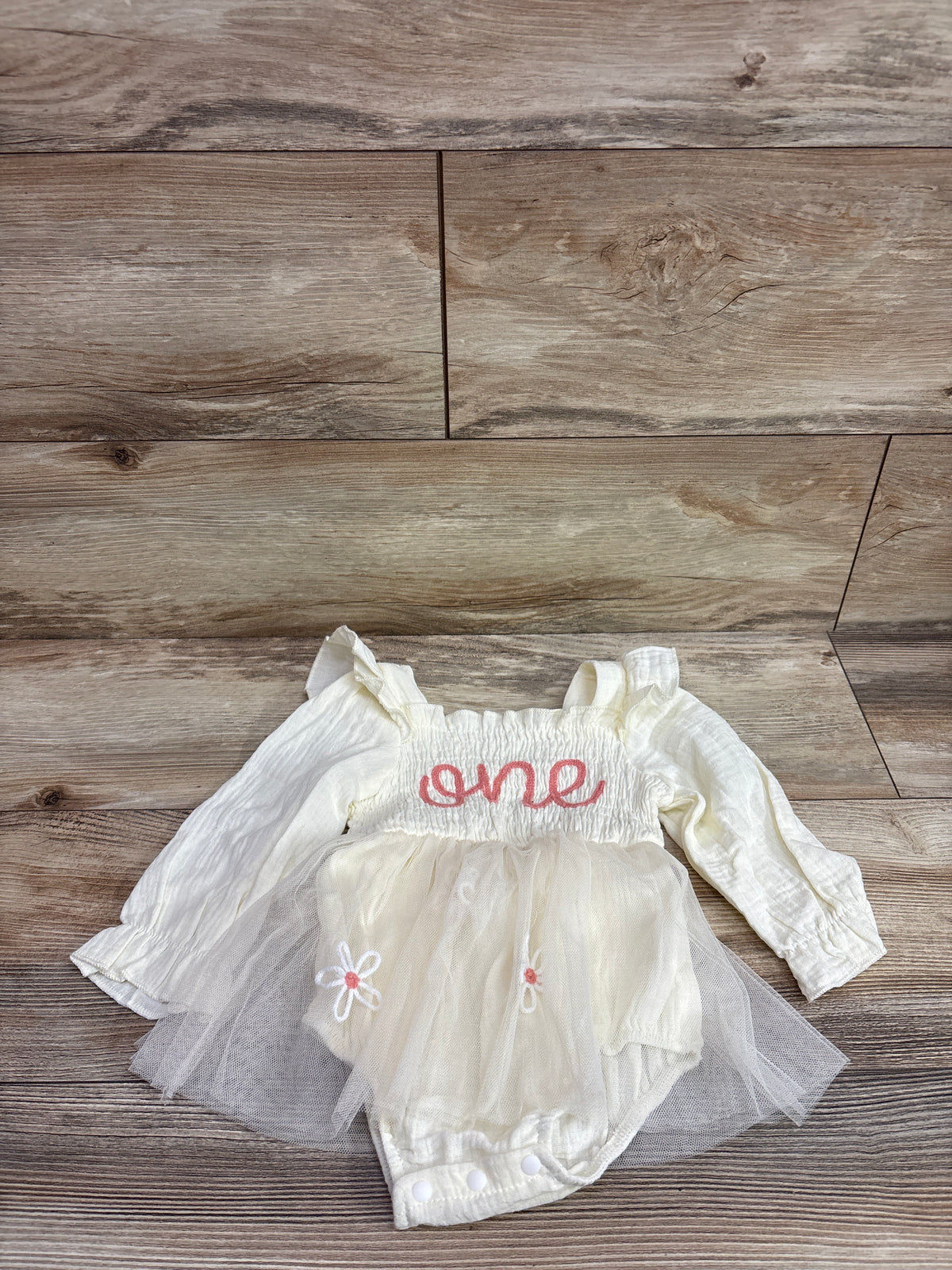 IMEKIS Long Sleeve Smocked 1st Birthday Tulle Romper Cream sz 9-12m