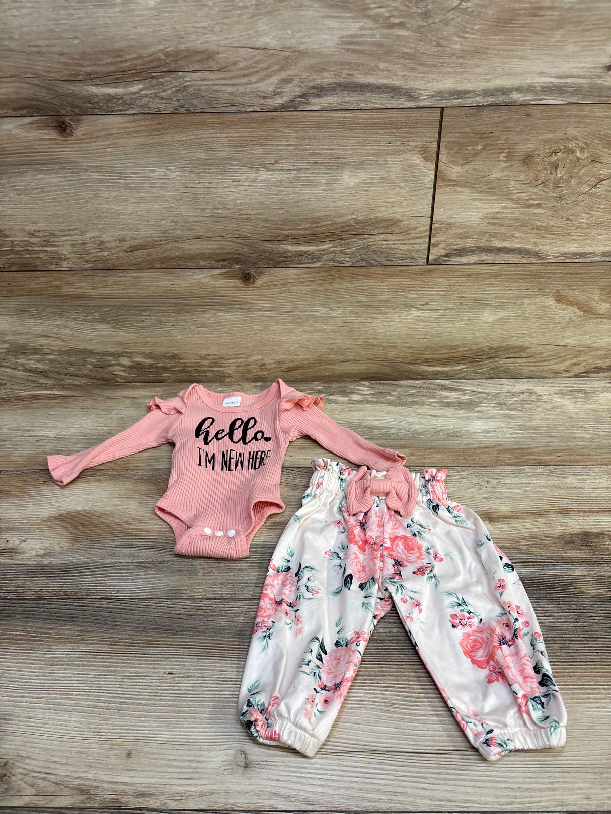 Nicoxijia 2pc Hello, I'm New Here Ribbed Bodysuit & Pants Set Pink sz Newborn