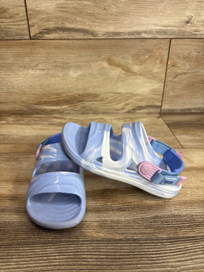 Side view of Rugged Shark toddler sandals in blue showing adjustable strap and textured sole on white