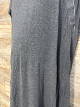 Close-up of Frida delivery and nursing gown, heather grey, showing knit fabric and front nursing snaps on wood background
