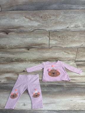 Pink striped toddler outfit with long sleeve top and pants featuring bear face appliques with party hats