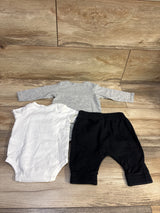 Top-down view of Adidas 3-piece bodysuit set with gray long-sleeve and white short-sleeve bodysuits plus black pants