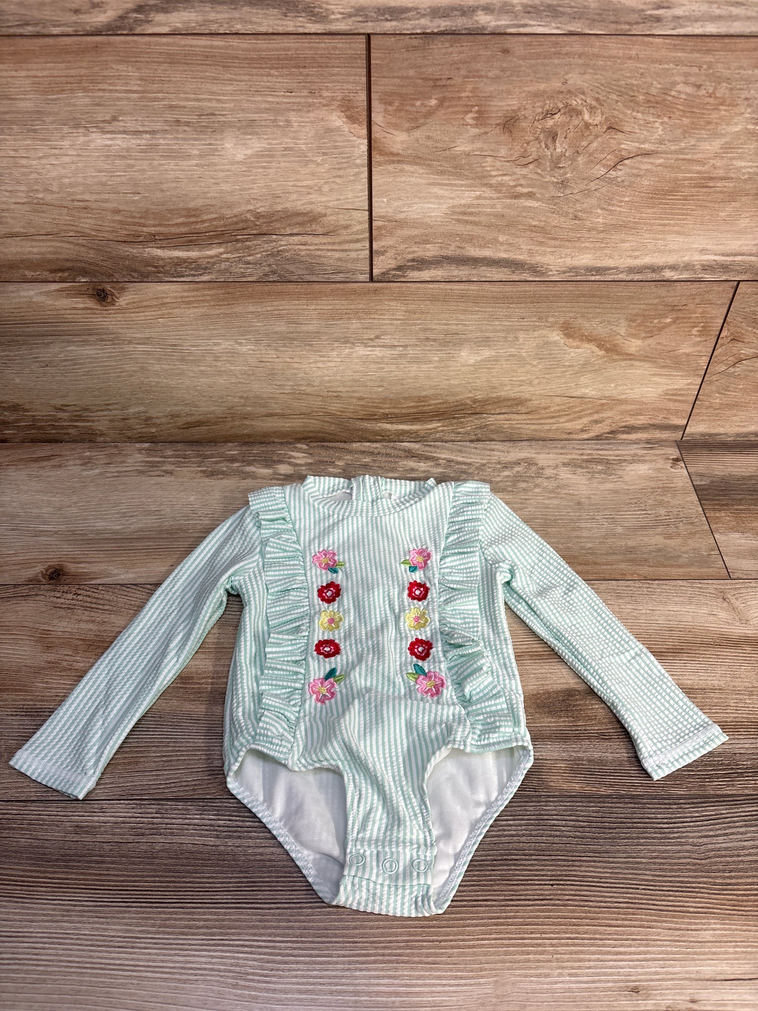 Nicole Miller 1pc Seersucker Embroidered Swimsuit Green sz 24m