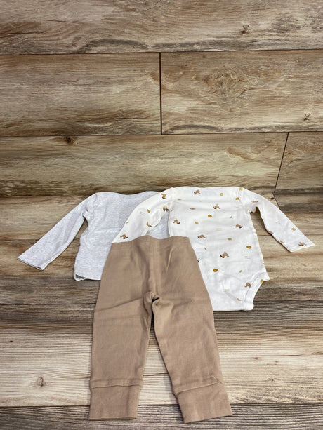 Top view of Just One You 3-piece My First Thanksgiving set showcasing a printed white bodysuit, gray top, and tan pants