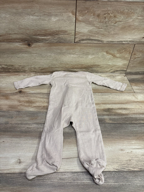 Front view of Just One You striped sleeper in tan, size 9 months, showcasing long sleeves and enclosed feet on a wood look background