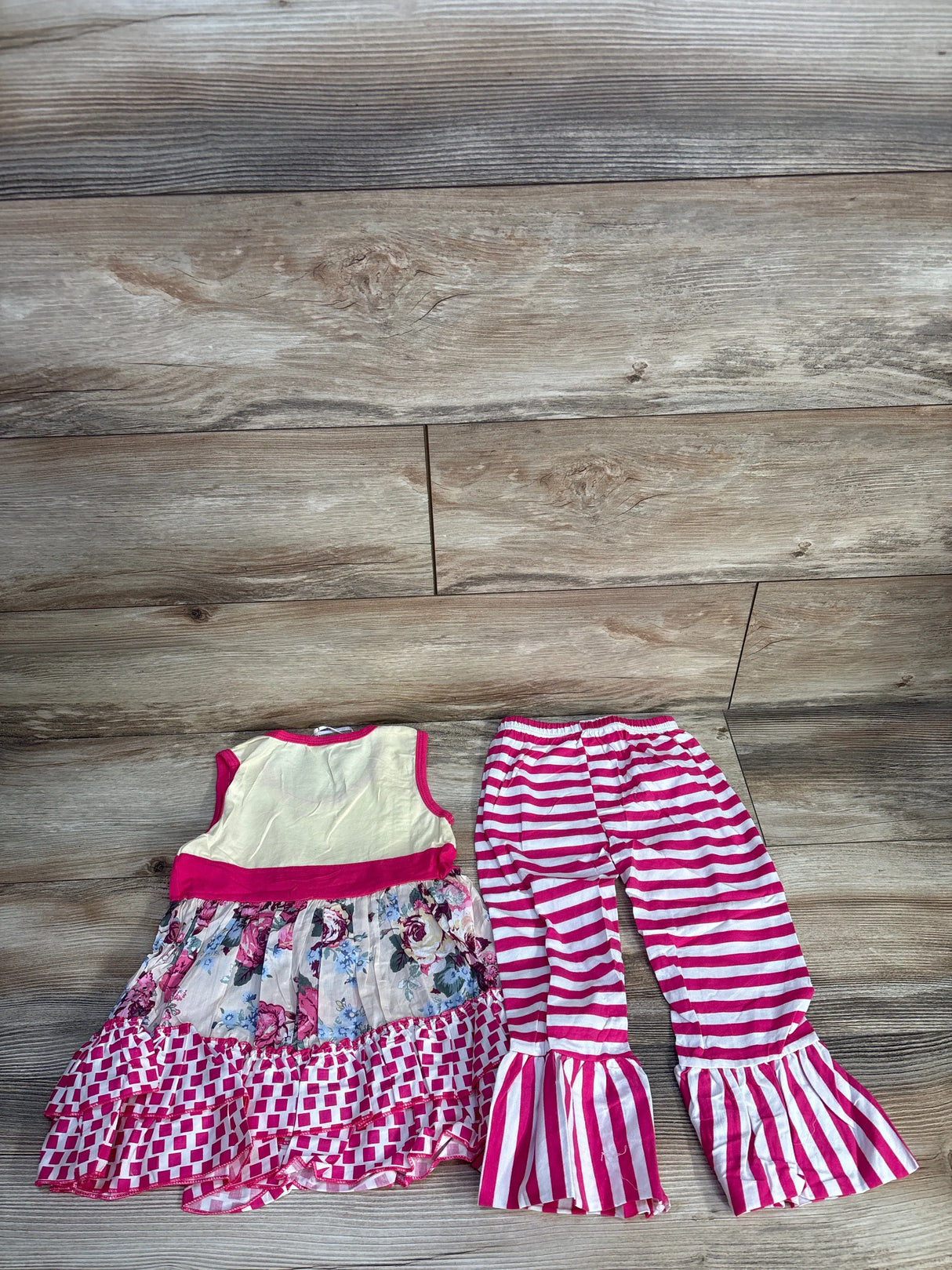 NEW Cutie Baby Boutique 2pc Floral Dress & Striped Pants Set Cream sz 2/3T