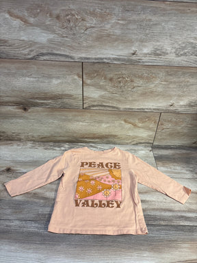 Front view of orange Cotton On Kids Peace Valley shirt showcasing long sleeves and floral Peace Valley graphic on a wood plank background