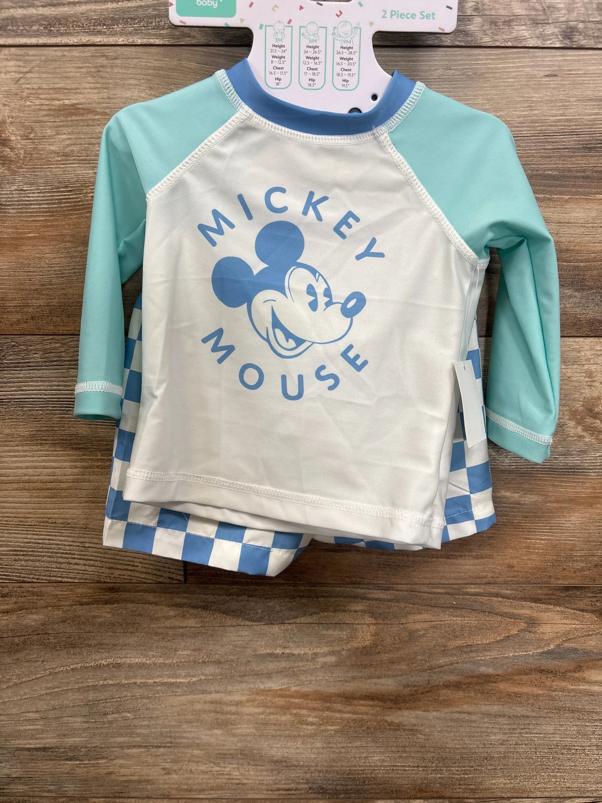 Mickey Mouse baby swim shirt and shorts set with mint green sleeves and blue checkered trim