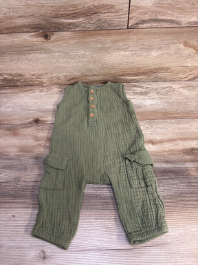 Flat lay of Old Navy olive green sleeveless henley jumpsuit with wooden buttons, chest and cargo pockets on wood floor
