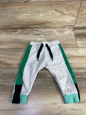 Gray toddler jogger pants with green and black side stripes, drawstring waist, ribbed cuffs