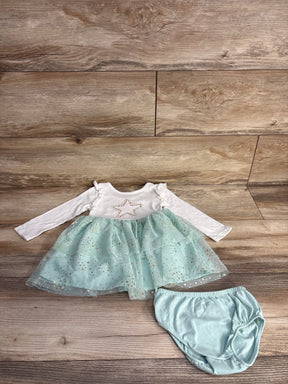 Baby long-sleeve white dress with gold star print and blue tulle skirt, matching blue diaper cover