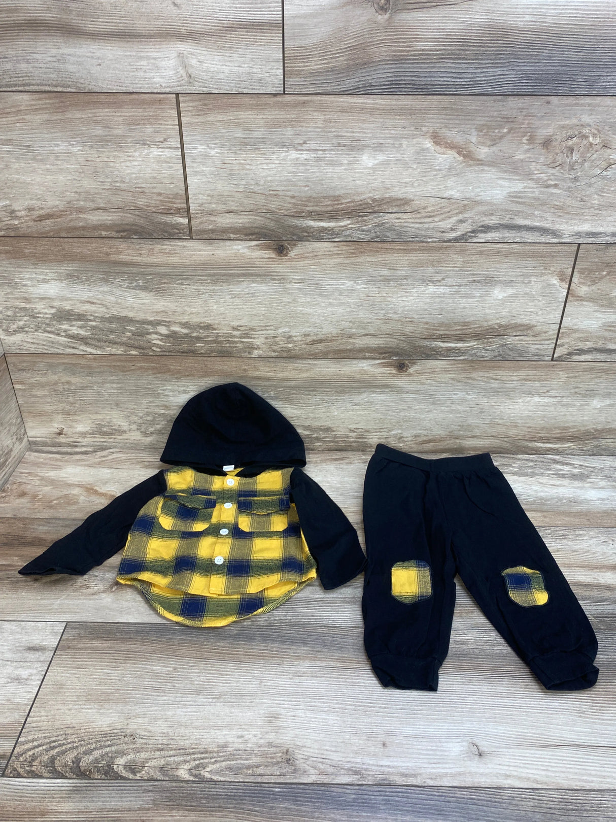 2pc Plaid Hooded Shirt & Pants Black sz 9-12m