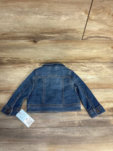 Baby denim jacket 12M, kids clothing resale, medium blue, button cuffs, wooden floor background