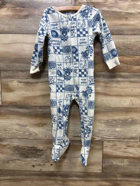 Blue and white race car print baby footed pajamas with zipper, perfect for kids' sleepwear