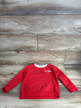 Front view of red Cat & Jack pullover sweatshirt showing white Lovable embroidery and white crew neck on wood background