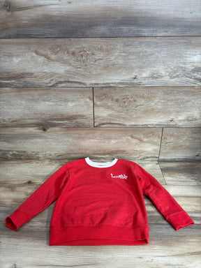 Front view of red Cat & Jack pullover sweatshirt showing white Lovable embroidery and white crew neck on wood background