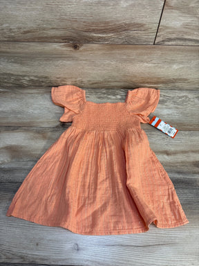 Peach baby dress with flutter sleeves and shimmer stripes, size 2T, laid on wood floor