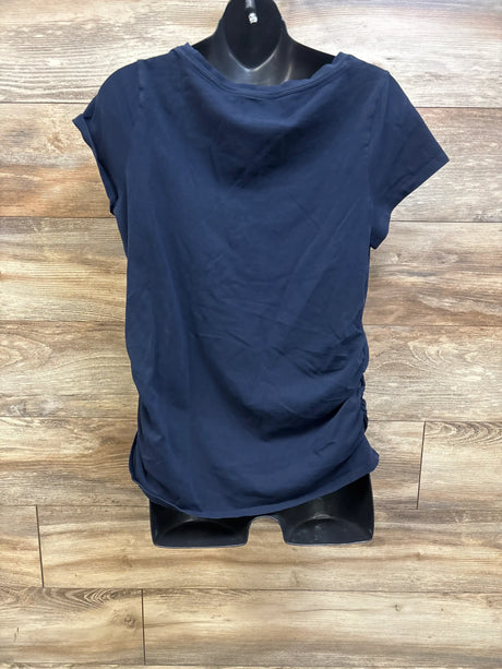 Front view of Old Navy navy maternity fitted shirt in size XL, showcasing short sleeves and ruched sides on a mannequin