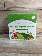 Front view of 6 pack wooden animal jigsaw puzzle box showing Wooden Jigsaw Puzzles text and 12 plus months label