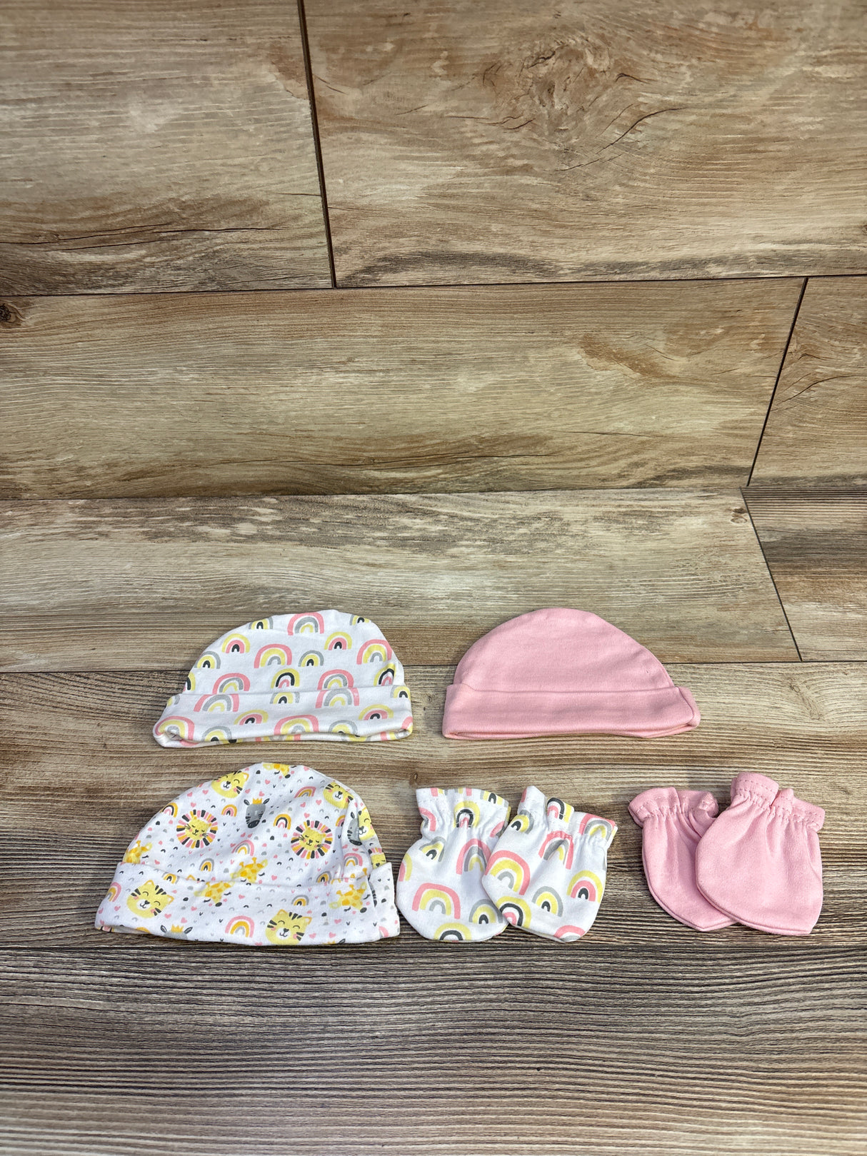 5pc Hat & Mittens Pink sz Newborn