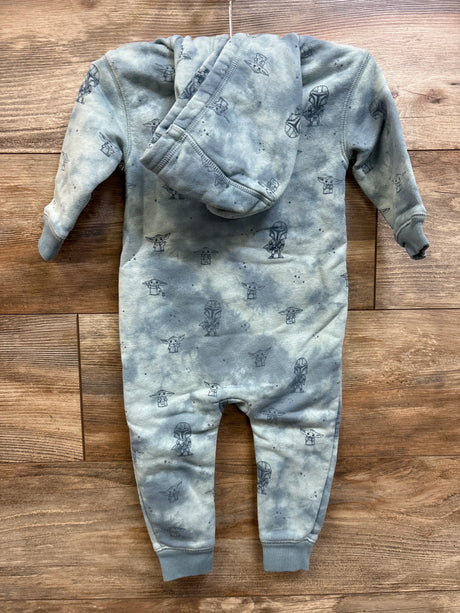 Back of Baby Gap x Star Wars hooded coverall, blue 12-18m, all-over Grogu and Mandalorian print on wood floor