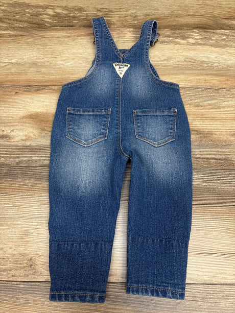 Front view of OshKosh floral denim overalls in blue showcasing adjustable straps and two front pockets on a wood background