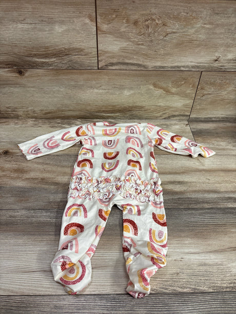 Ivory Me n Mommy To Be baby sleeper with rainbow print and ruffle waist detail.
