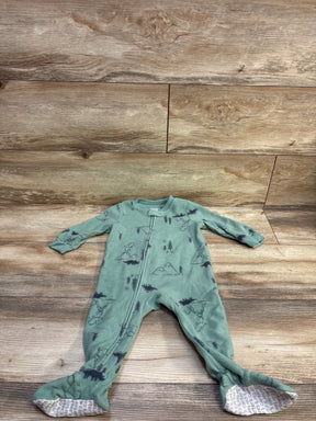 Front view of Just One You green blanket sleeper, size 12 months, with dinosaur print and footed legs