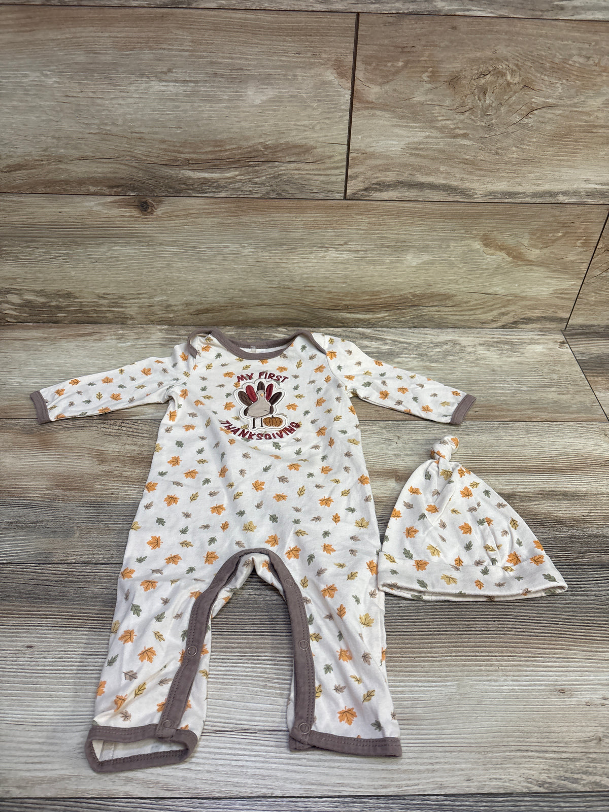 Chick Pea 2pc Embroidered My First Thanksgiving Coverall & Hat Set Beige sz 3-6m